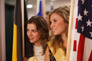 Youth Delegates from Belgium (left) and the United States, at the start of the procession of flags at the Human Rights Summit.