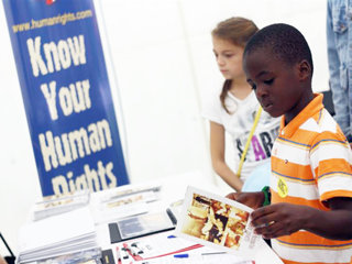 The Youth for Human Rights booth was a popular attraction for festival goers.